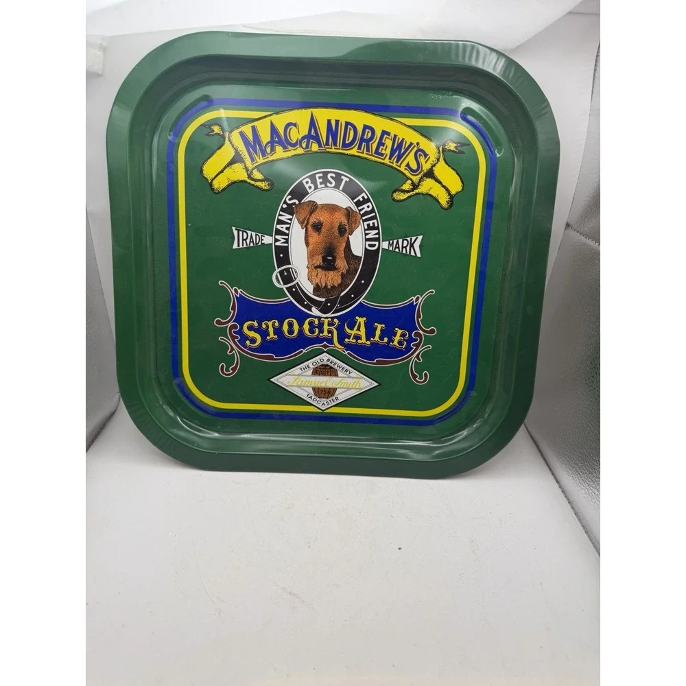Vintage MacAndrew's Stock Ale Samuel Smith Airedale Dog Metal Beer Serving Tray